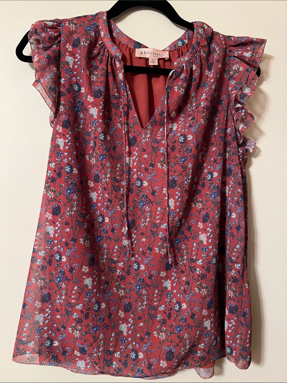 Philosophy Rose Red Floral Ruffle Sleeve Blouse